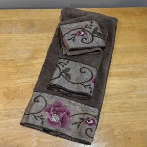 Eco Luxe Home Brown Floral Embroidered 3pc Towel Set Metallic Satin Trim Vtg